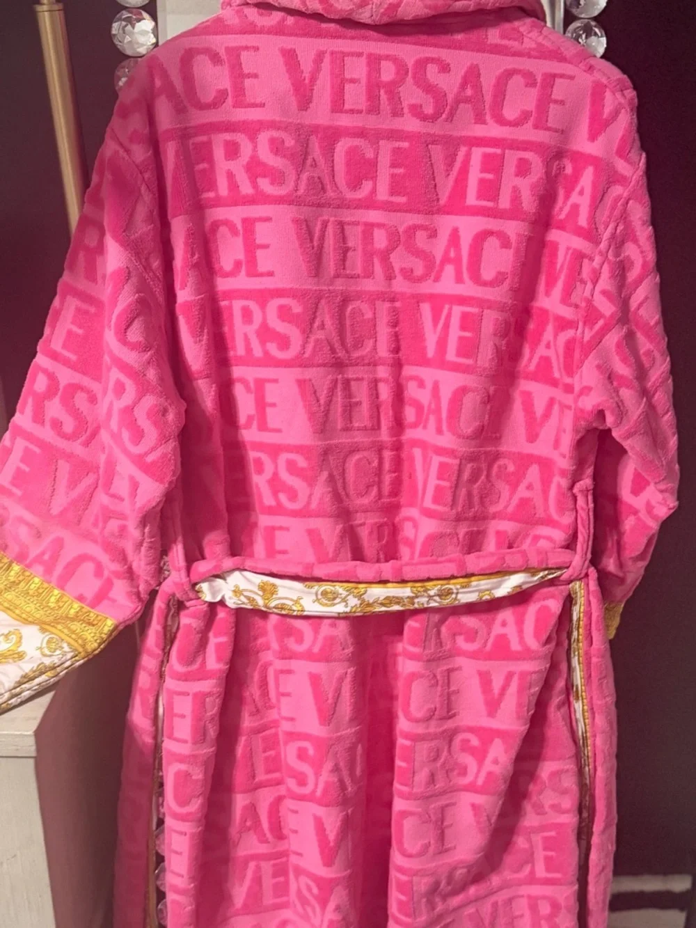 Versace Pink Logo Bathrobe with Gold Baroque Accents